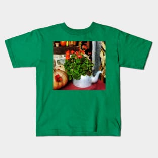 Teapot Filled With Geraniums Kids T-Shirt
